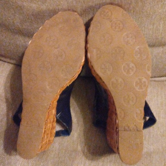 ❤️TORY BURCH Navy Blue Nautical Wicker Wedge Slingback Shoes 8 1/2 - Picture 6 of 7